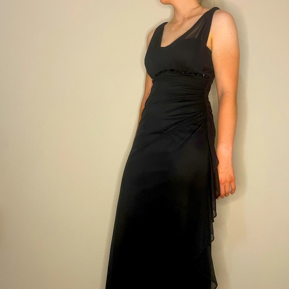 Floor length black David’s Bridal dress